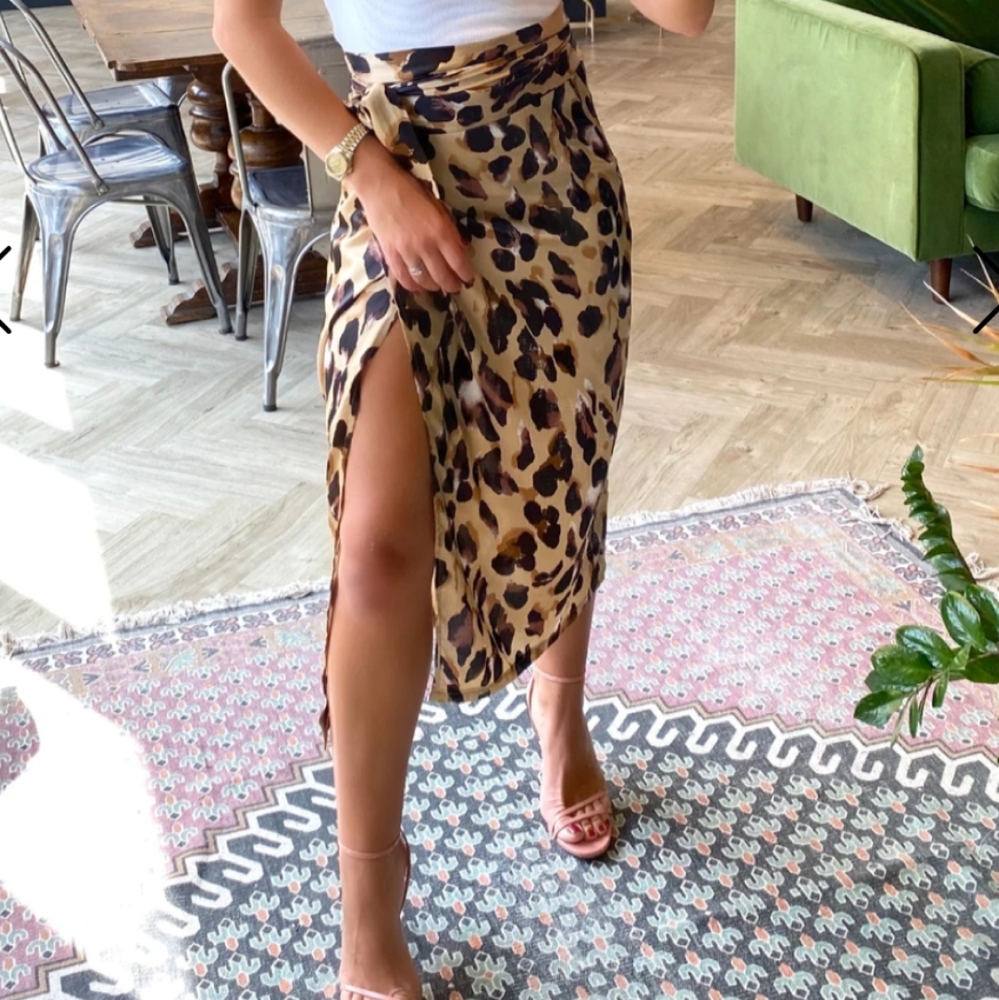 Never Fully Dressed Leopard Satin Wrap Skirt XS
